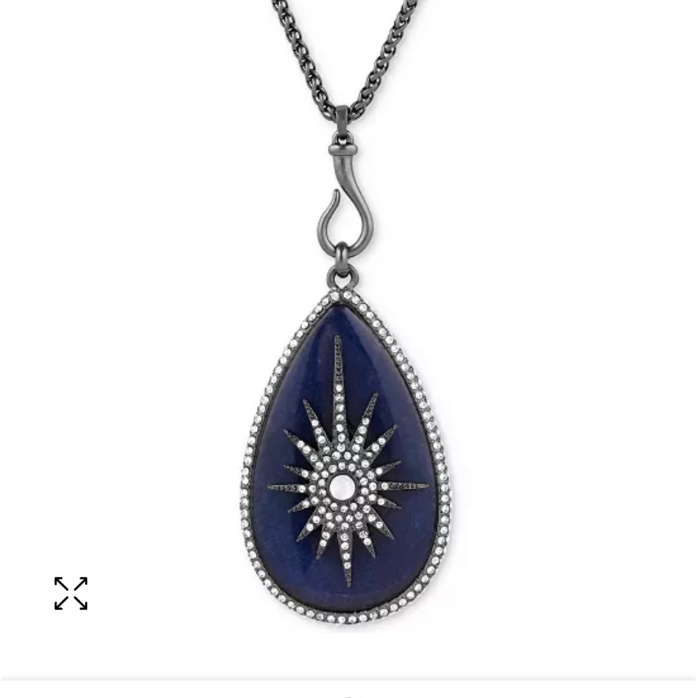 Lucky Brand Lapis teardrop necklace w/ Crystal & Hematite Starburst. Black chain